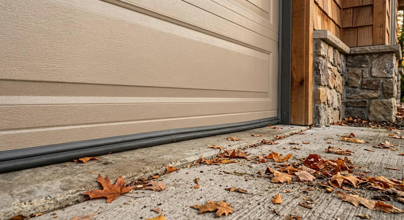 Close-up exterior photograph of a textured beige insulated steel garage door panel on a Little Falls home with weatherstri...