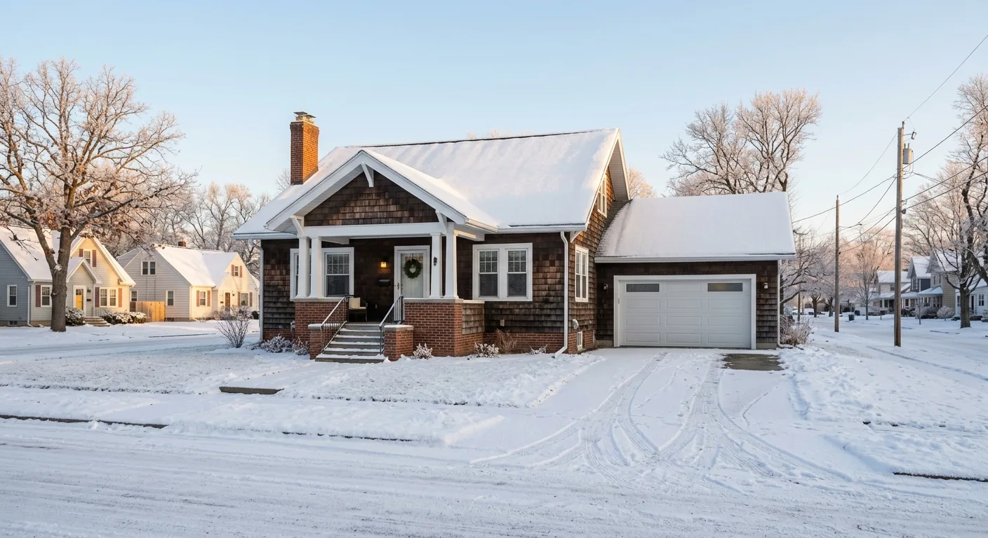 Wide exterior photograph of a Little Falls bungalow on a snow-covered residential block with a closed insulated white stee...