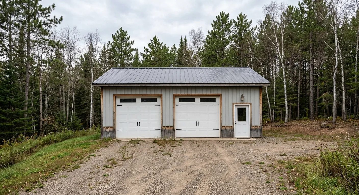 Exterior daylight photograph of a rural pole-barn shop near Little Falls with two closed white insulated garage doors, gra...