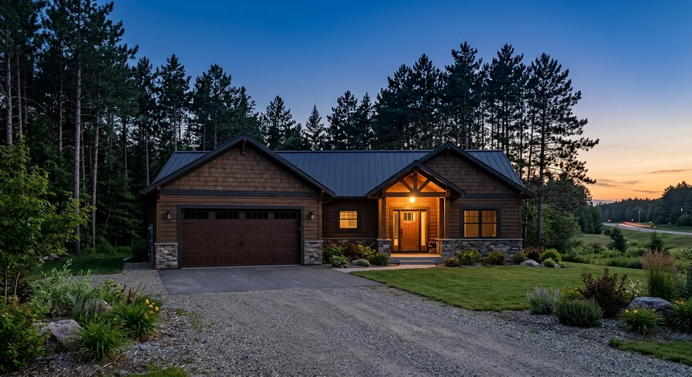 Wide exterior of a Longville home along the Hwy 84 corridor in early evening with closed garage door, soft warm porch ligh...