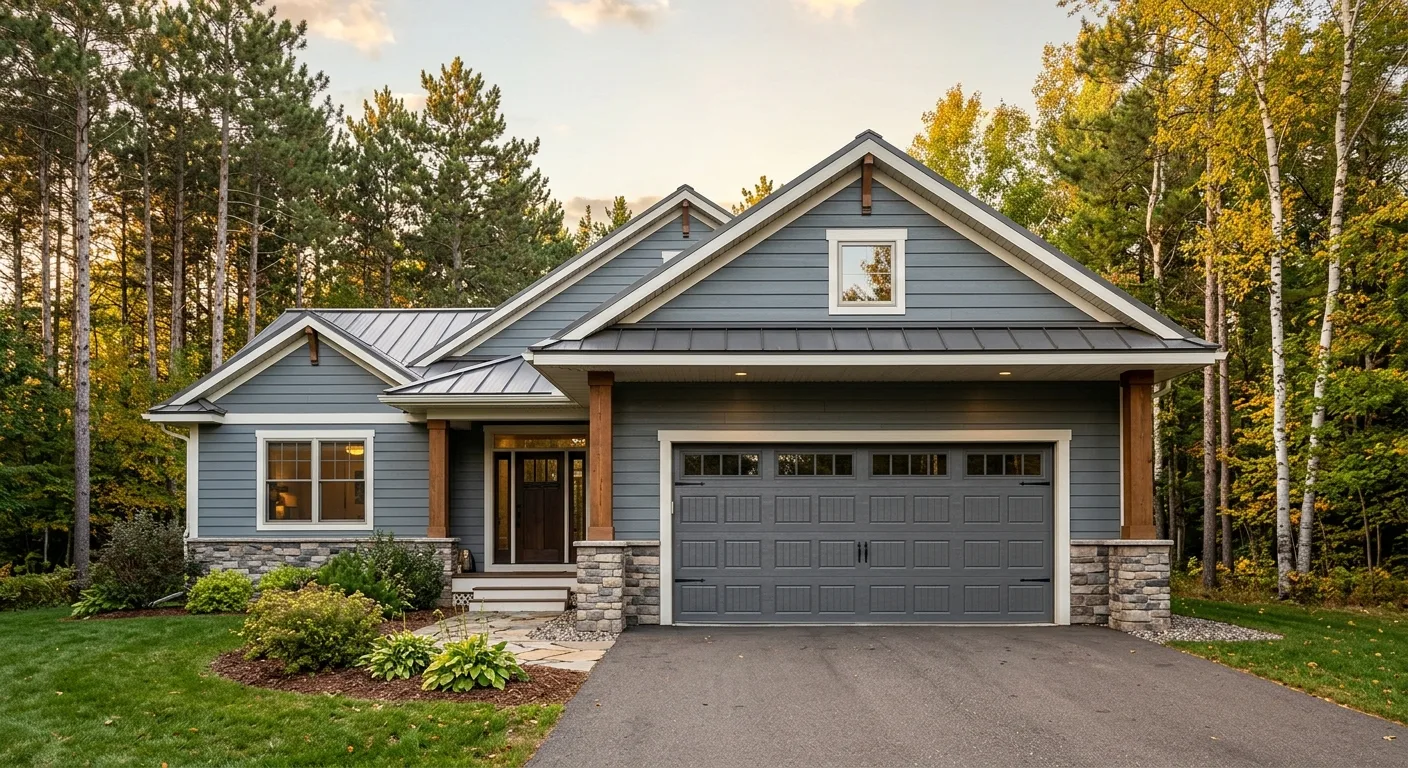 Exterior curb-appeal view of a clean Longville MN year-round home shot from the driveway angle at golden hour, freshly ins...