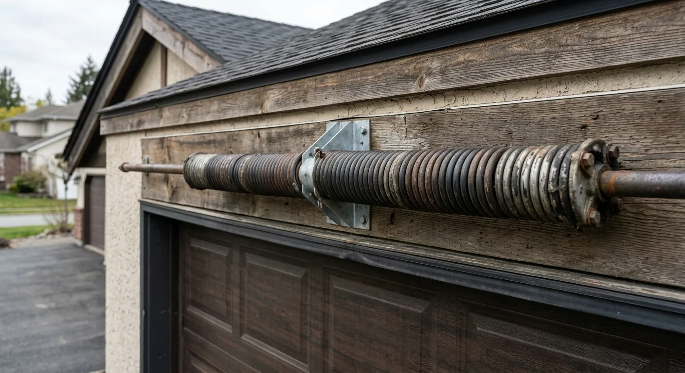 Material close-up of a torsion spring assembly with worn coil edges mounted above a residential garage door header, soft d...