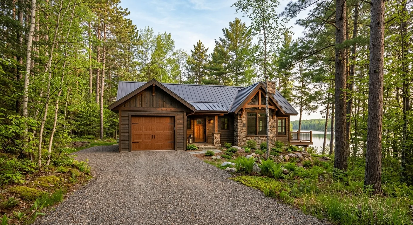 Wide exterior of a Woman Lake area cabin in spring with closed wood-look garage door, gravel driveway, mixed pine and birc...