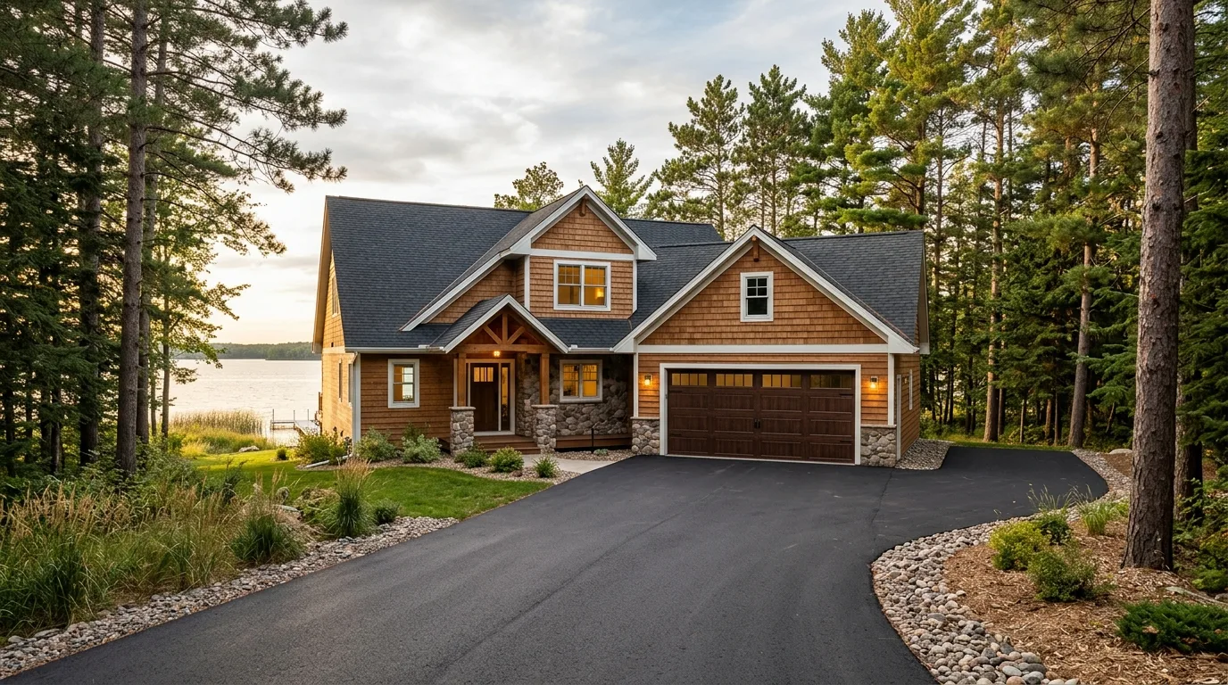 Wide exterior of a Longville year-round home with a newly installed insulated steel garage door, paved driveway, mature pi...