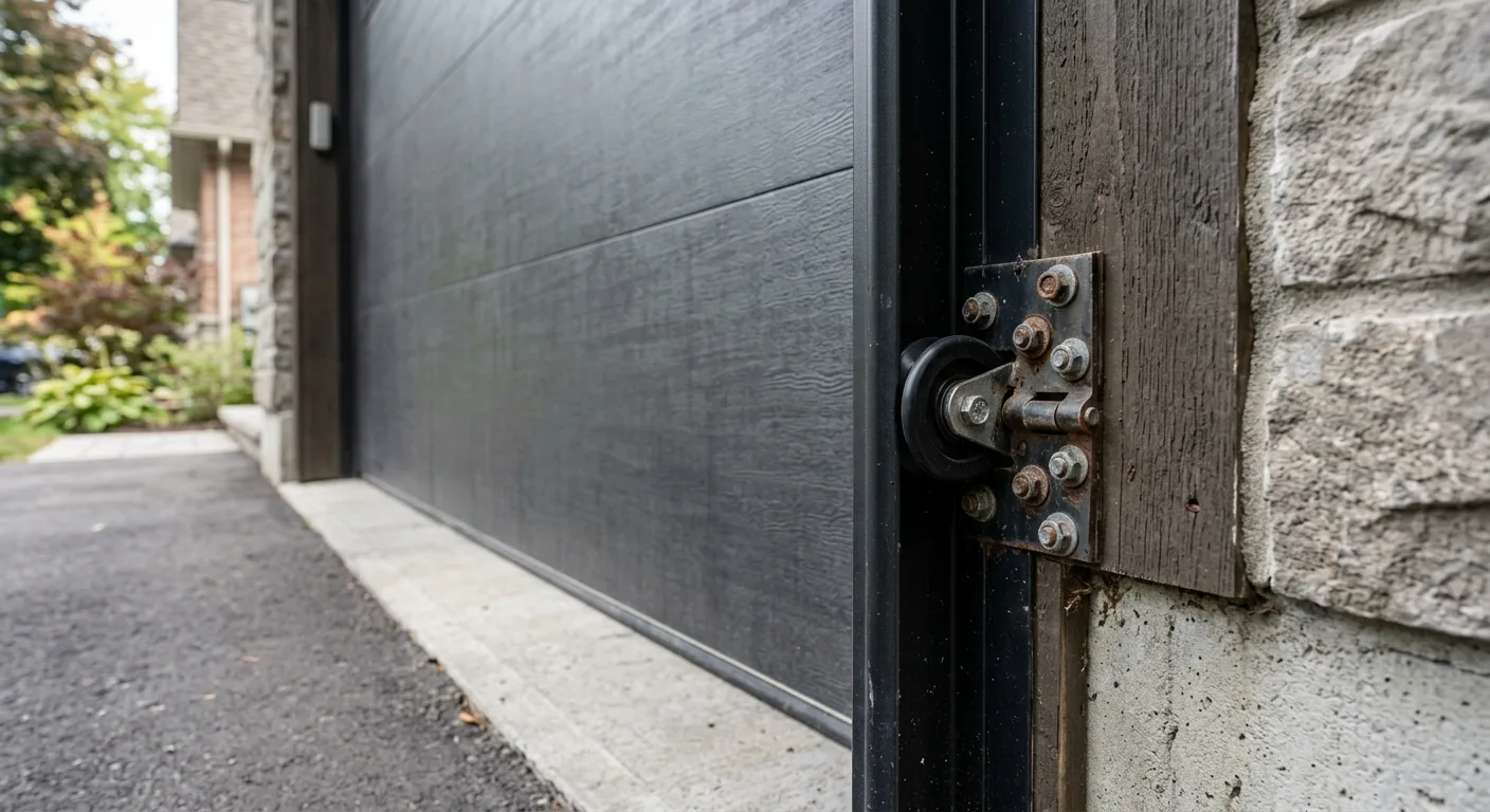 Material close-up of a vertical garage door track and roller mounted to a garage frame with bracket bolts visible, soft da...