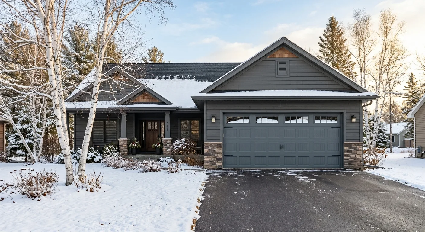Exterior daylight photograph of a McGregor residential property with a closed two-car insulated garage door in slate gray,...