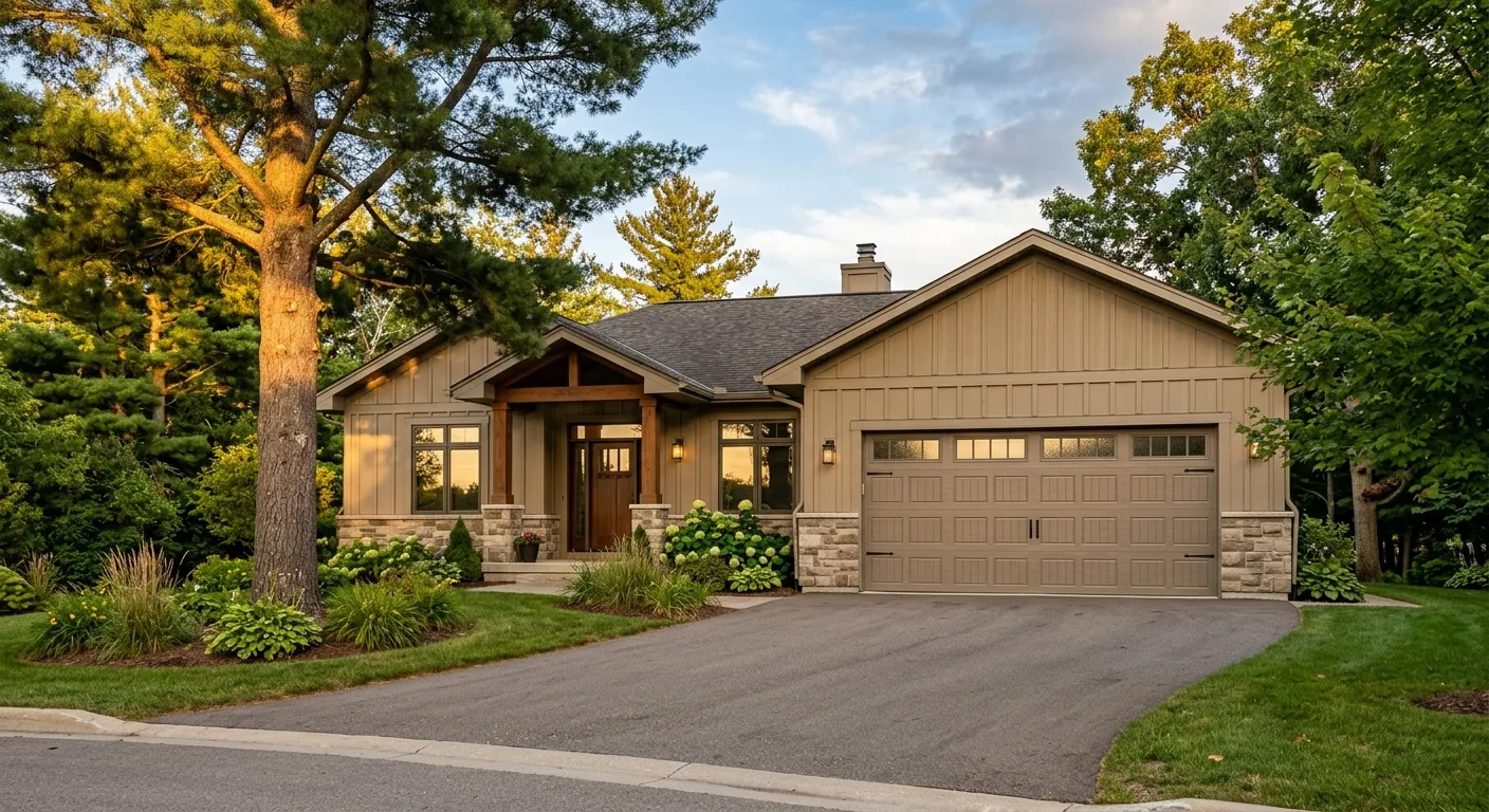 Exterior daylight photograph of a clean McGregor ranch home at the driveway angle with a freshly installed warm-taupe insu...