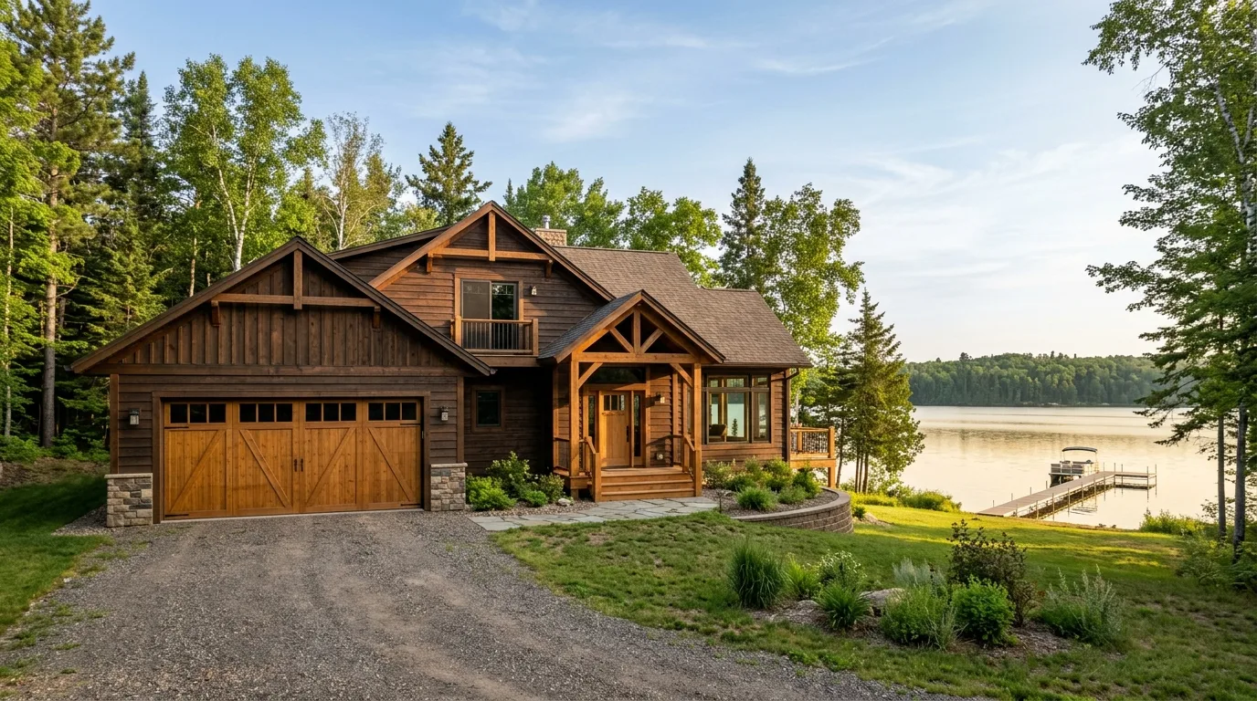 Wide exterior photograph of a wood-sided lake cabin on Big Sandy Lake near McGregor with a closed natural-stain wood garag...