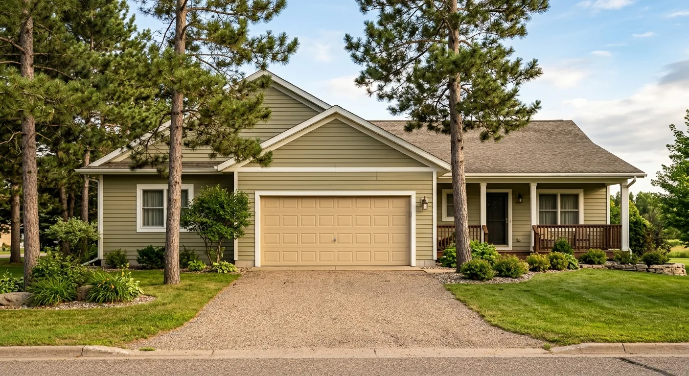 Exterior daylight photograph of a small-town McGregor residential home with a closed two-car insulated steel garage door i...