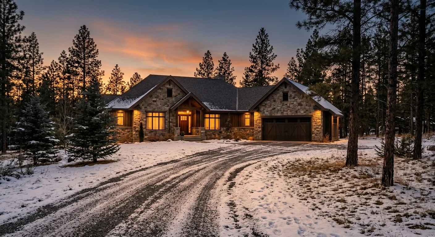 Exterior dusk view of a Merrifield acreage home with a closed double garage door, golden-hour light across a snow-dusted l...
