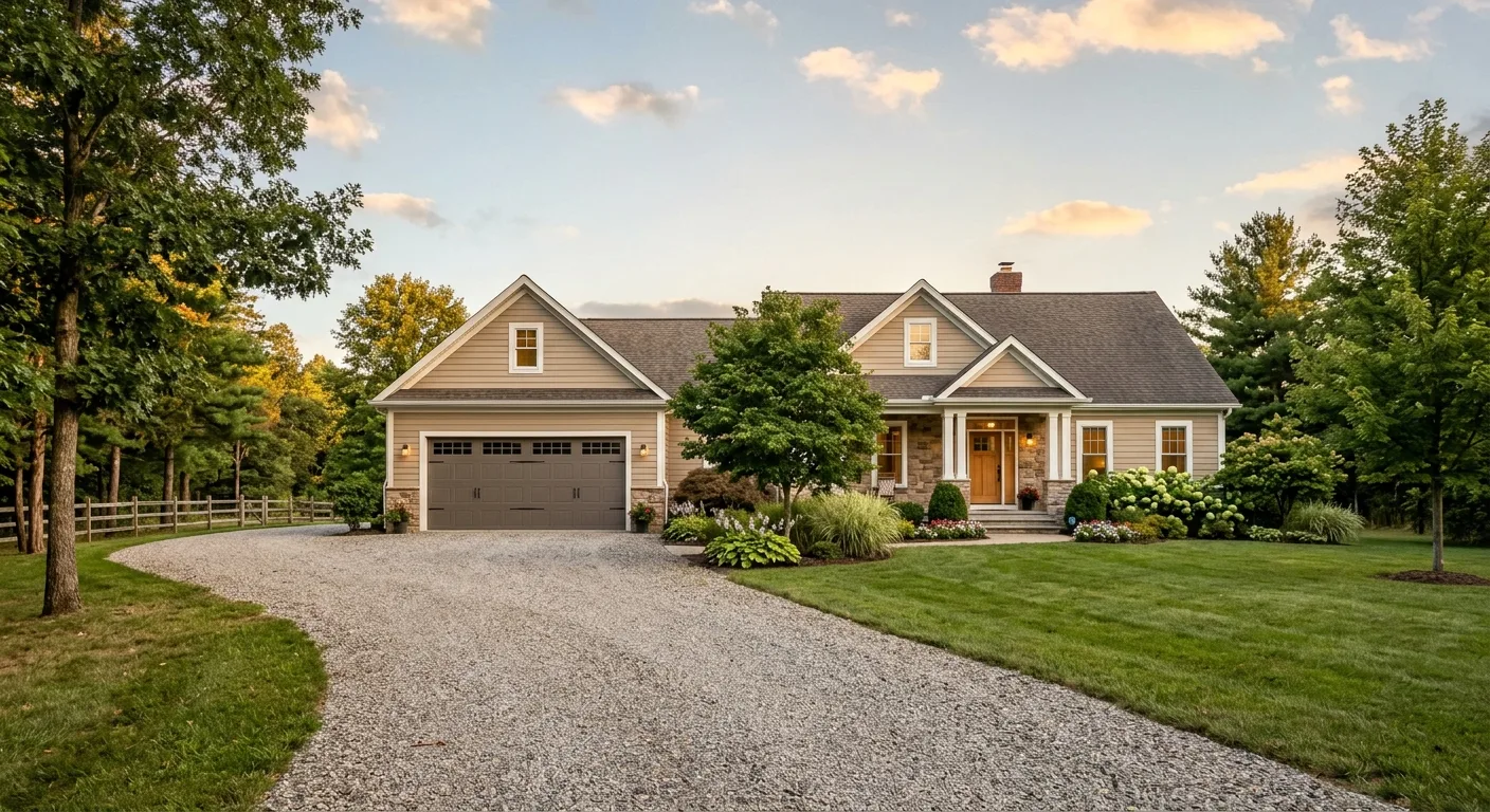 Exterior curb-appeal view of a Merrifield acreage home with a new double-wide insulated steel garage door visible from the...