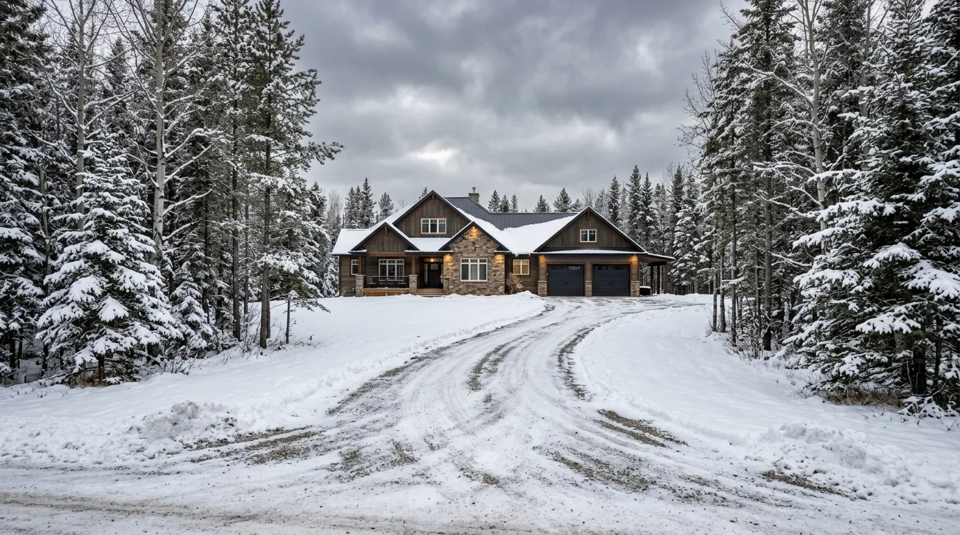 Wide exterior view of a snow-covered gravel driveway leading to a Merrifield acreage home with a closed two-car garage doo...