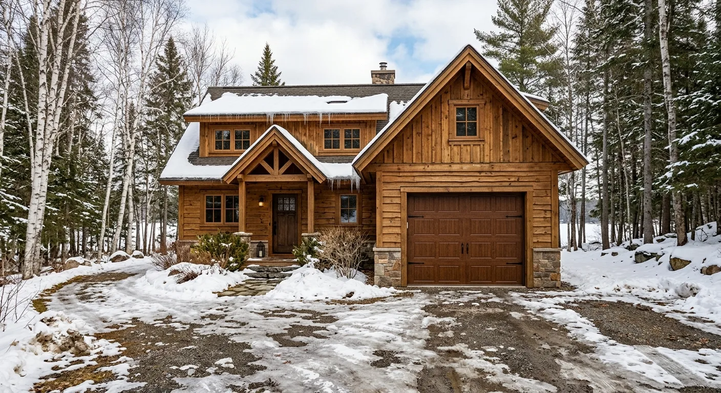 Exterior daylight view of a Crosswind Lake cabin with a closed insulated wood-look garage door, melting snow, bare birch t...