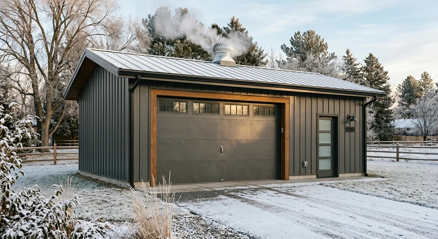 Exterior daylight detail of a heated workshop outbuilding in Merrifield with a thick insulated steel garage door, frost-fr...
