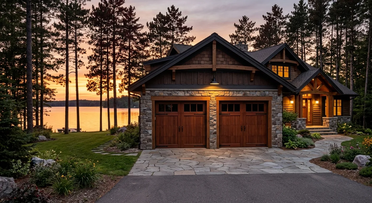 Exterior dusk view of a Nisswa Gull Lake home with a closed stained-mahogany carriage garage door, golden-hour light refle...