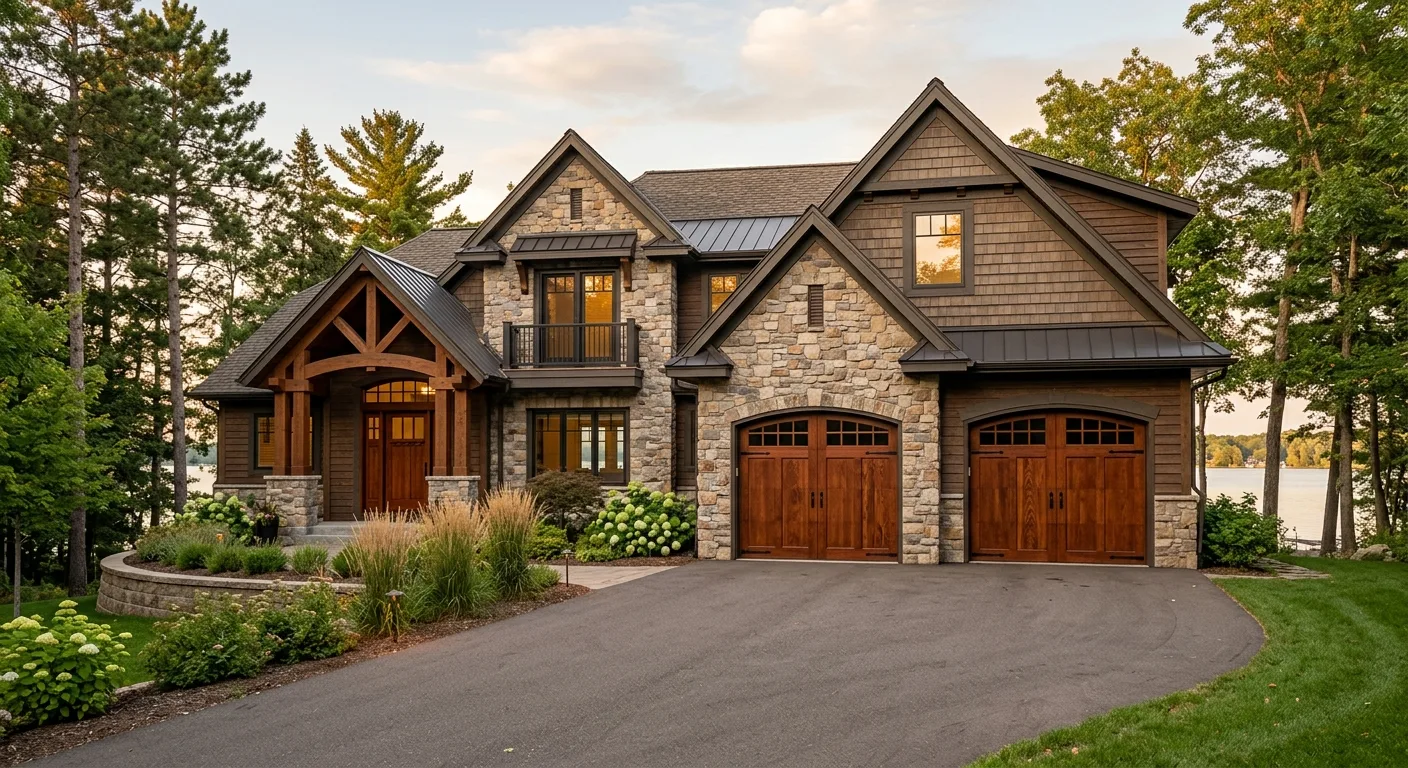 Exterior curb-appeal view of an upscale Gull Lake home in Nisswa with a new stained-mahogany carriage garage door from the...