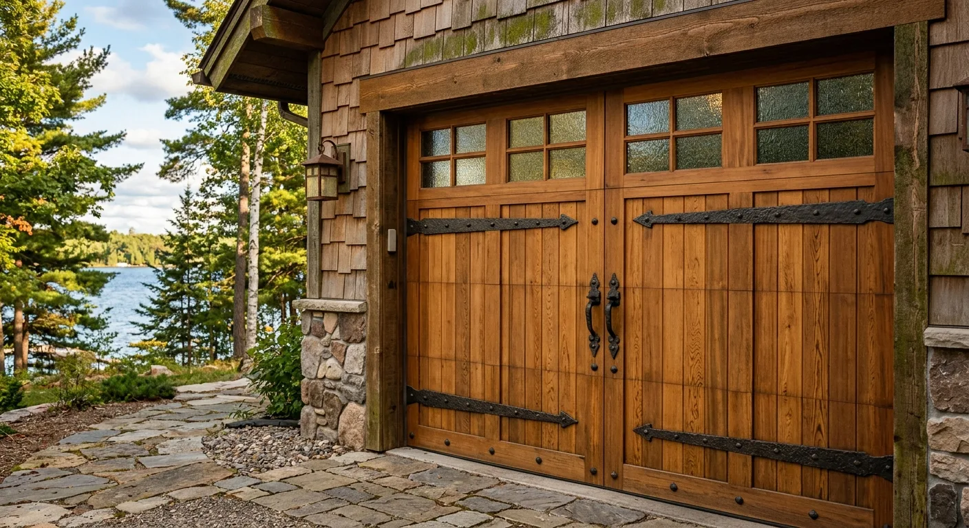 Close-up exterior detail of a stained cedar carriage-style garage door with wrought iron strap hinges on a Nisswa lake hom...