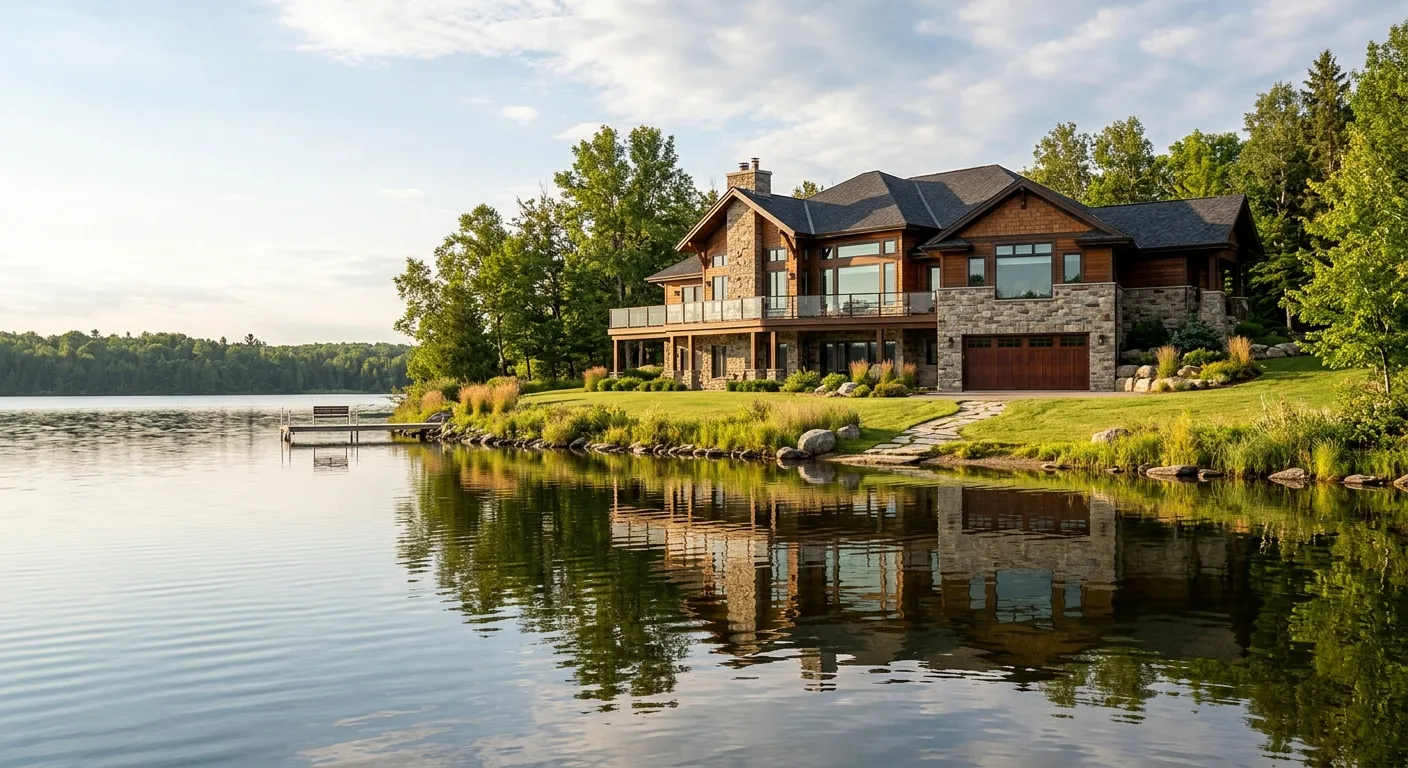 Wide exterior view of a Gull Lake home from the water side showing a closed stained-mahogany garage door, lake reflection...
