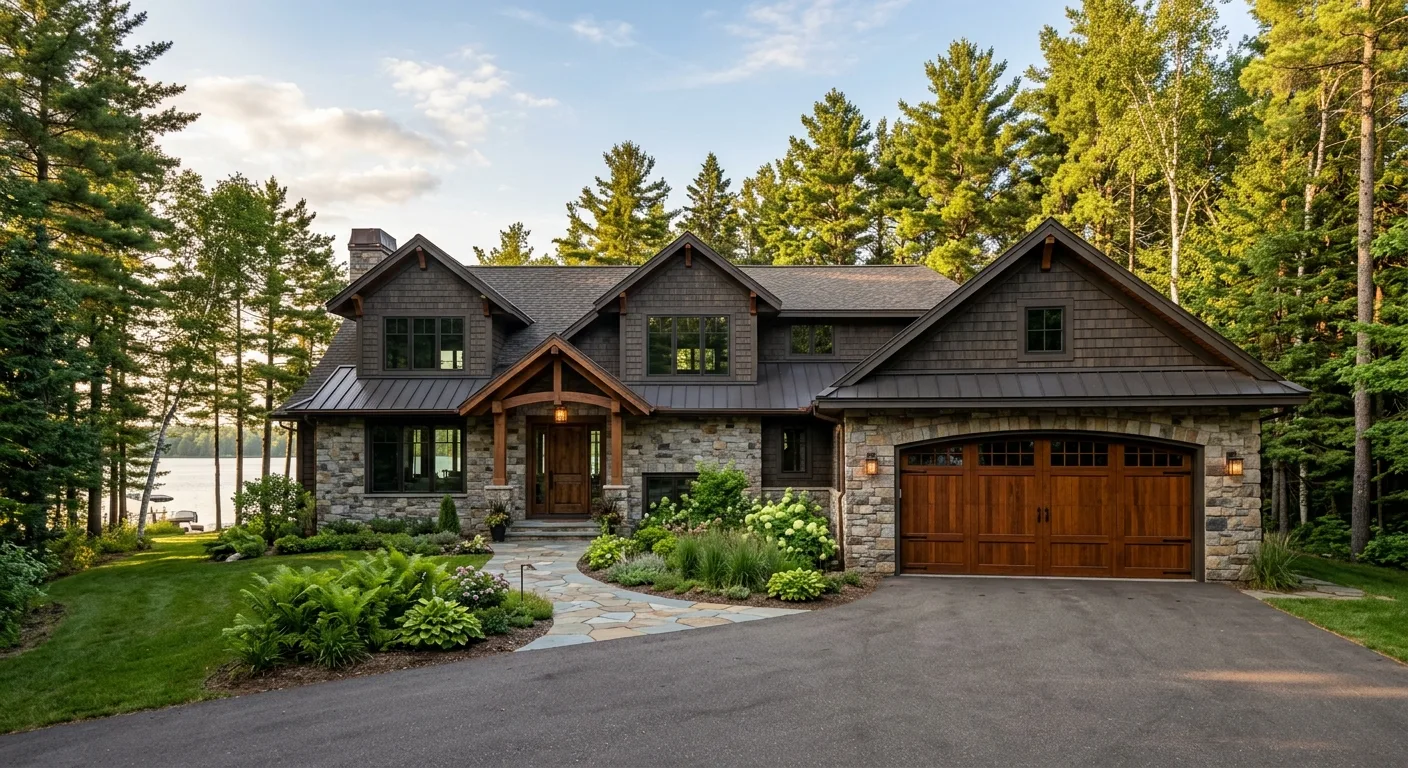 Exterior daylight view of a high-end lake home near Grand View Lodge in Nisswa with a closed wood carriage-style garage do...
