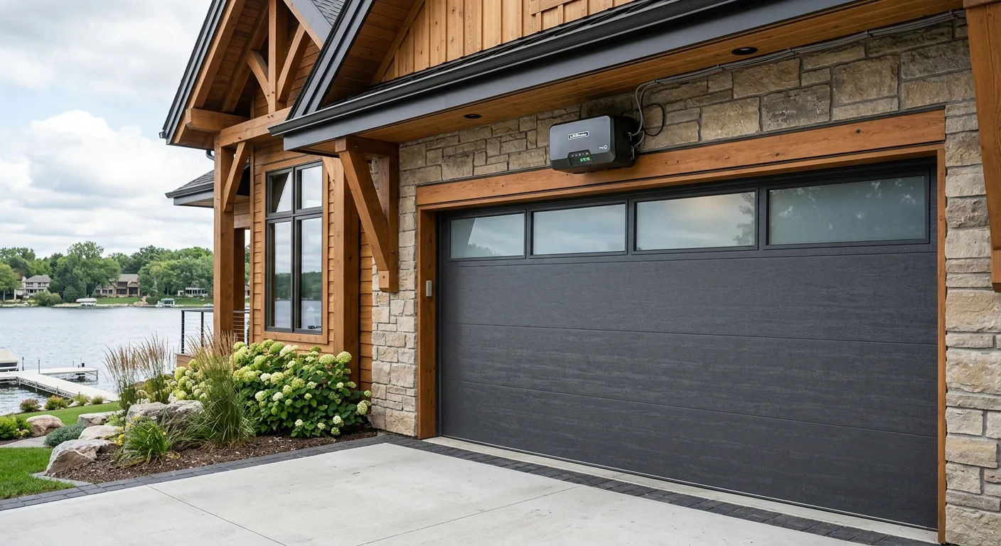 Exterior daylight detail of a modern smart opener housing visible above a closed insulated garage door on a Gull Lake home...