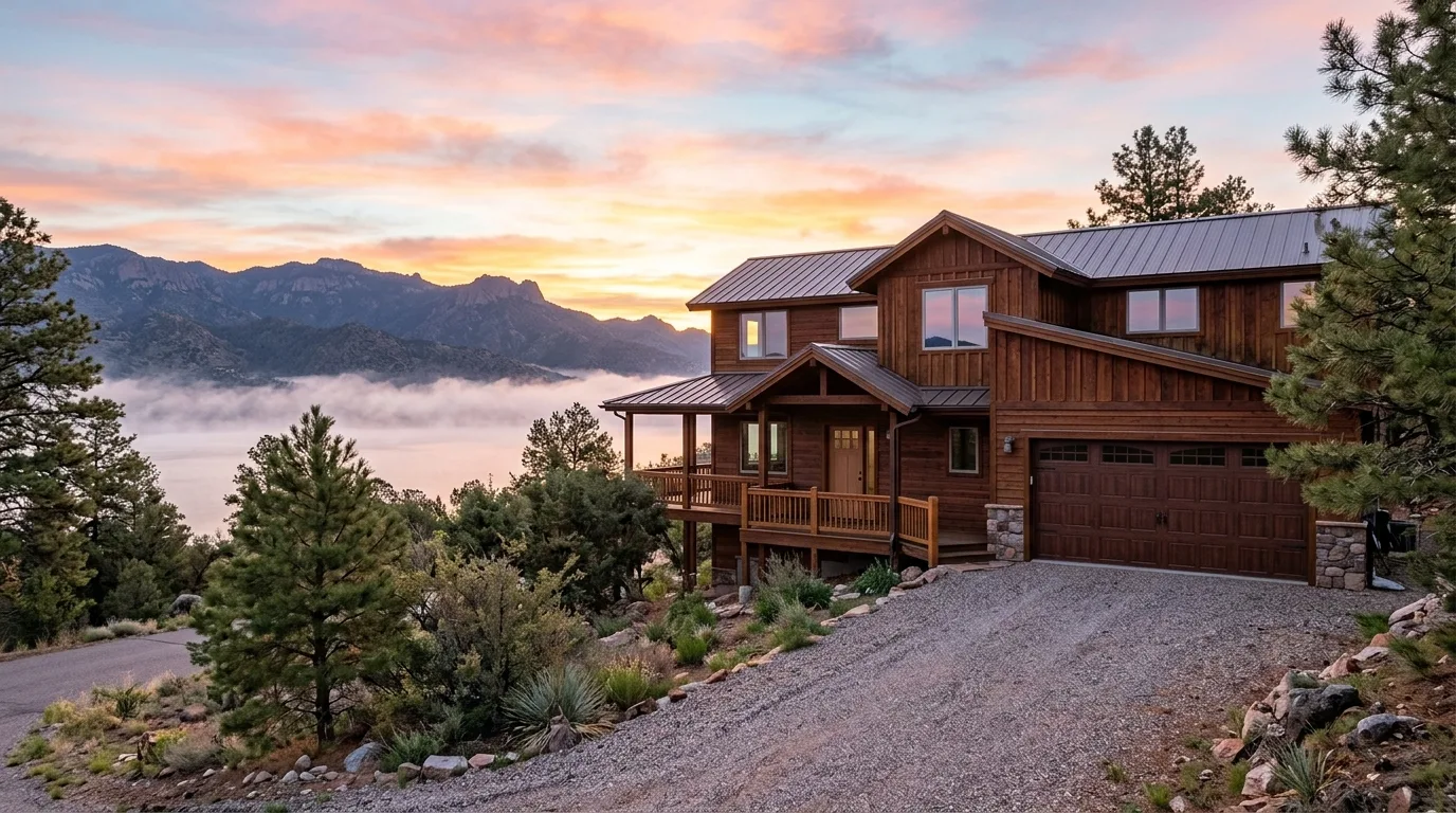Wide exterior of an Outing area cabin at sunrise with closed garage door, mist rising off Roosevelt Lake in the background...