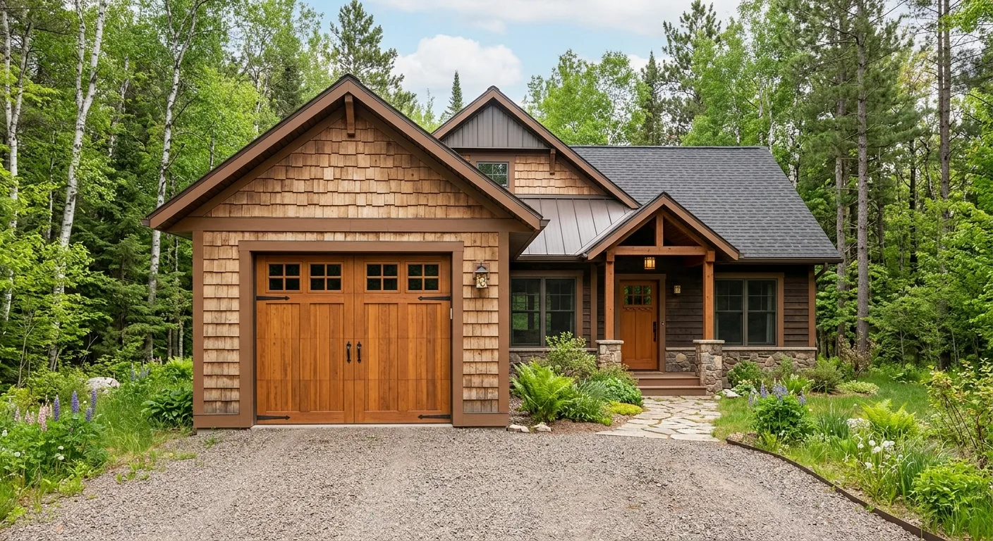 Exterior curb-appeal view of a clean Outing MN cabin from the gravel driveway angle in late spring daylight, recently inst...