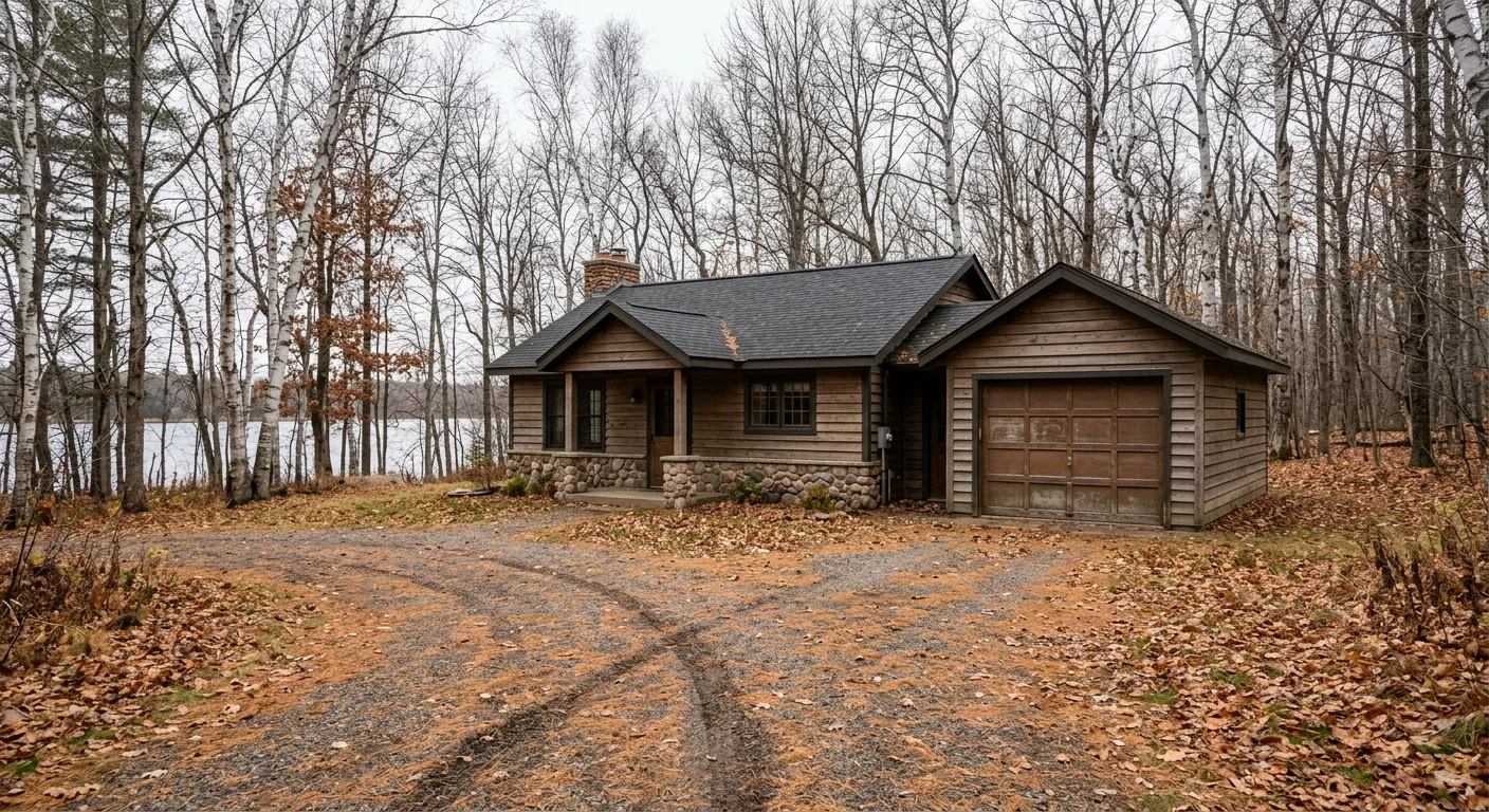 Wide exterior of a small Outing area lake cabin in late autumn with closed garage door, fallen pine needles on a gravel dr...