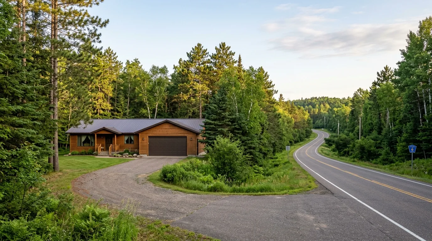 Wide rural landscape along County Hwy 6 near Outing MN with a glimpse of a residential property and closed garage door, de...