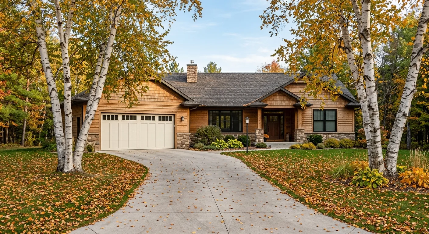 Exterior daylight photograph of a Park Rapids ranch-style home with a closed two-car insulated garage door in soft white,...