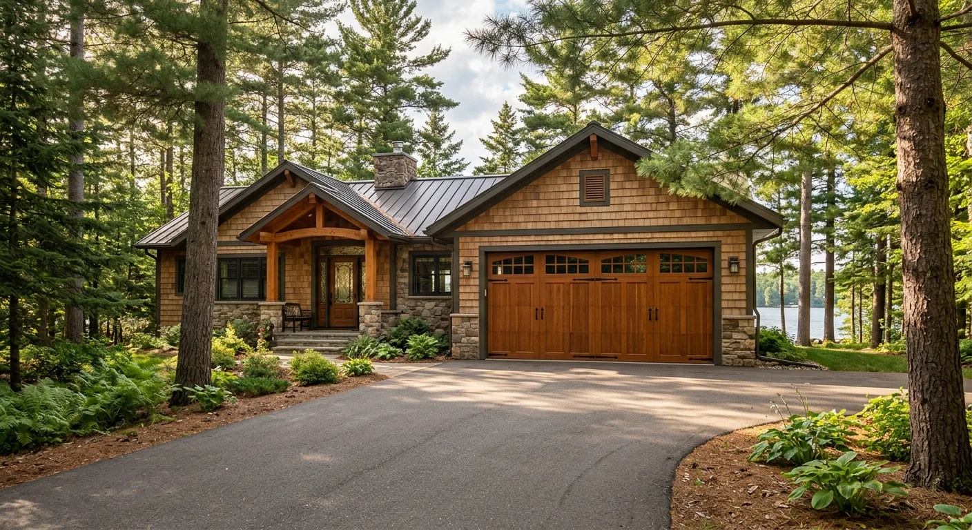 Exterior daylight photograph of a clean Park Rapids lake home at the driveway angle with a freshly installed cedar-toned c...