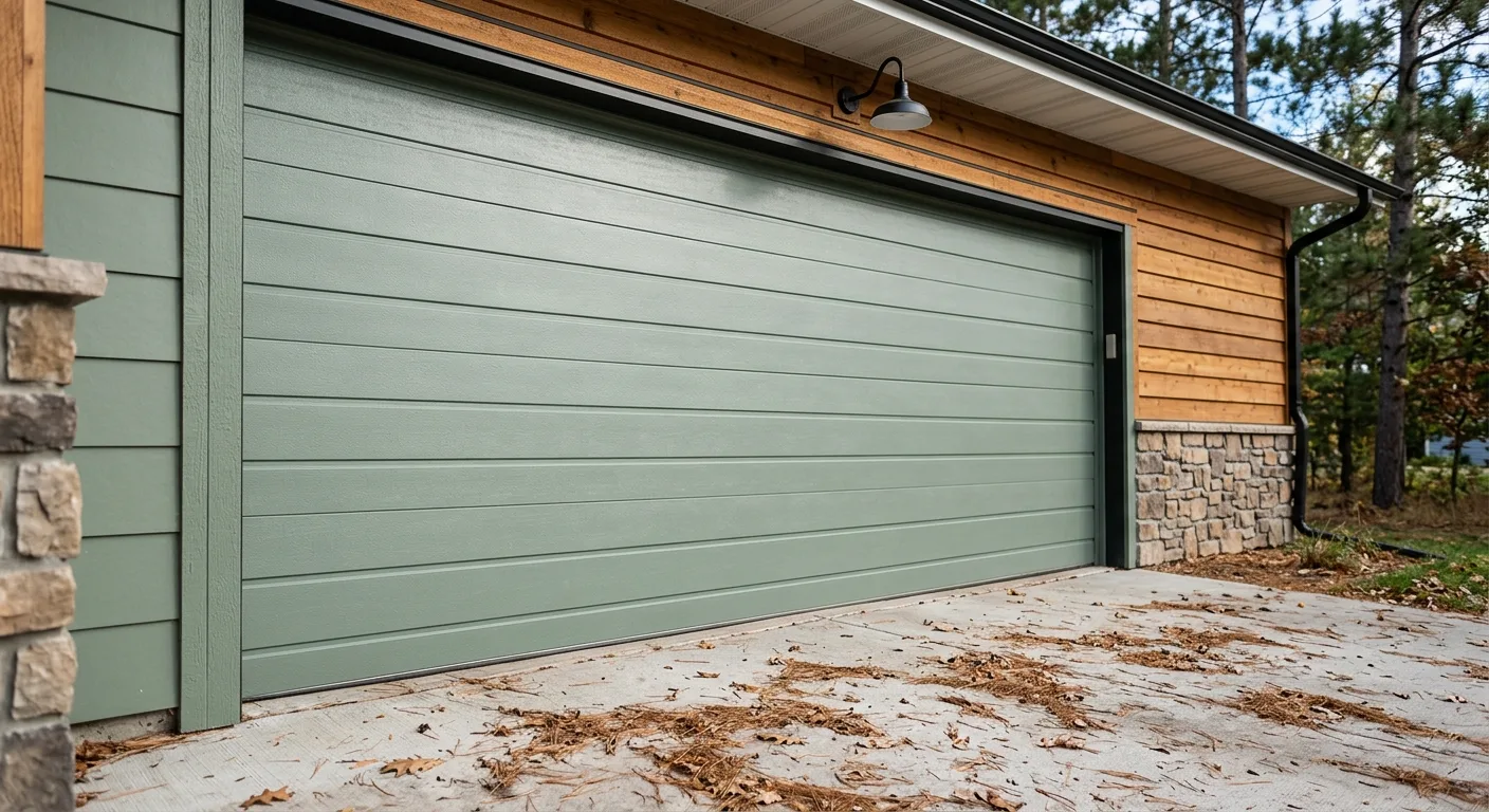 Close-up exterior photograph of a horizontal-line insulated steel garage door panel in muted sage green on a Park Rapids r...