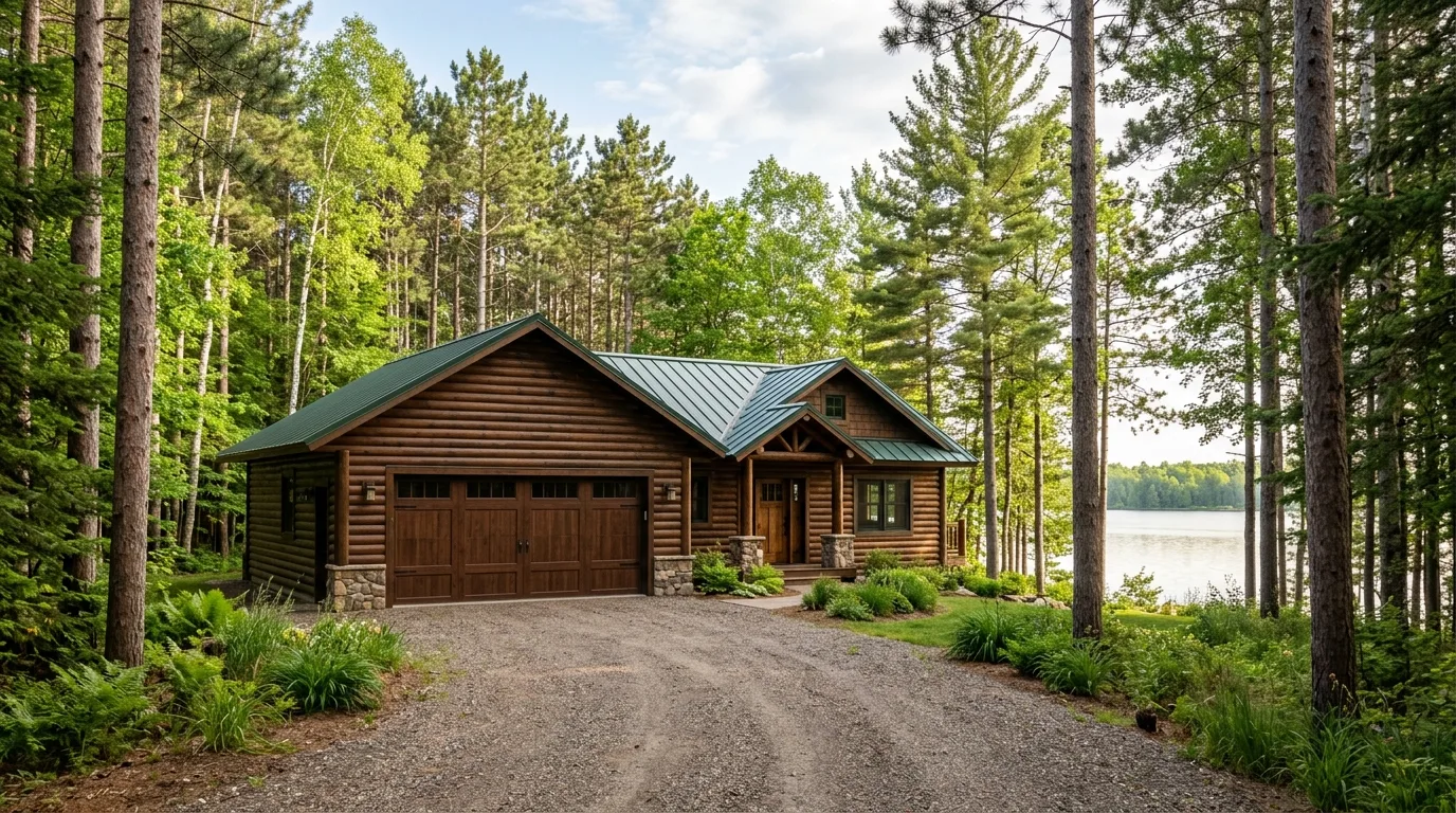 Wide exterior photograph of a log-sided lake cabin near Park Rapids with a closed dark-stain wood garage door, mature pine...