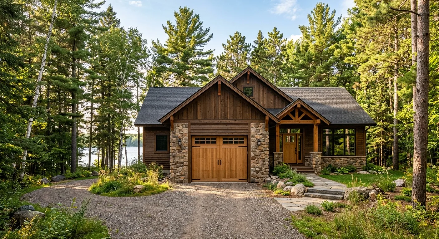 Exterior daylight photograph of a Park Rapids lake home with a closed natural cedar carriage-style garage door, stone vene...