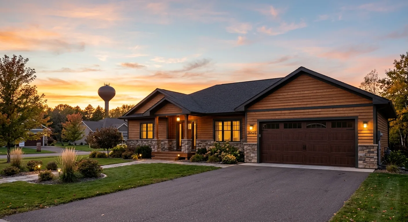 Exterior dusk view of a Pequot Lakes ranch home with a closed insulated garage door, golden-hour sunset, the Bobber water...