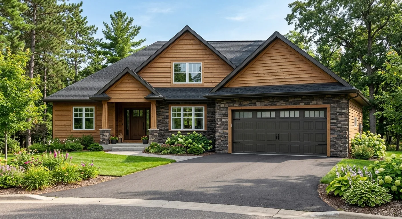 Exterior curb-appeal view of a Pequot Lakes home with a new insulated steel garage door visible from the driveway entrance...