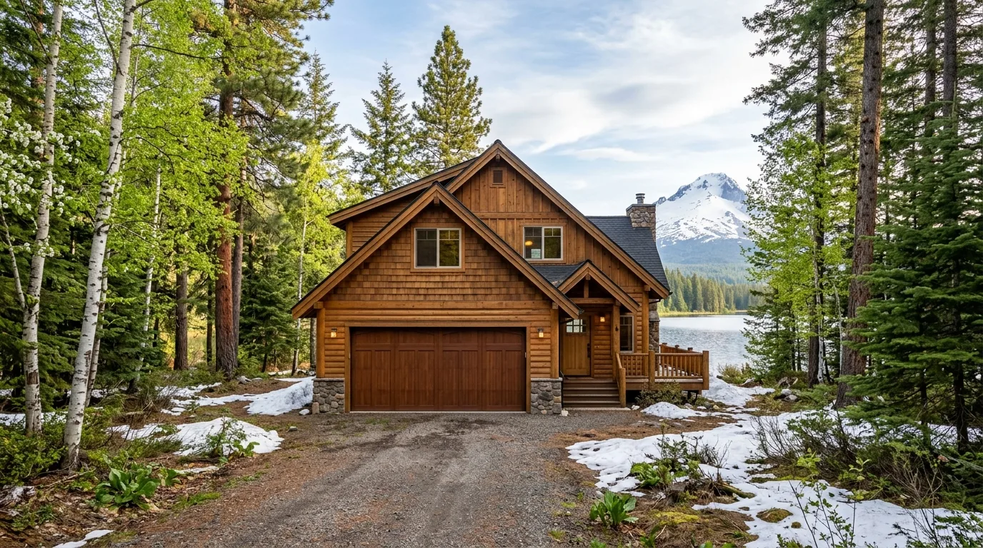 Wide exterior view of a Trillium Lake cabin in late spring with a closed wood-look garage door, melting snow patches, matu...