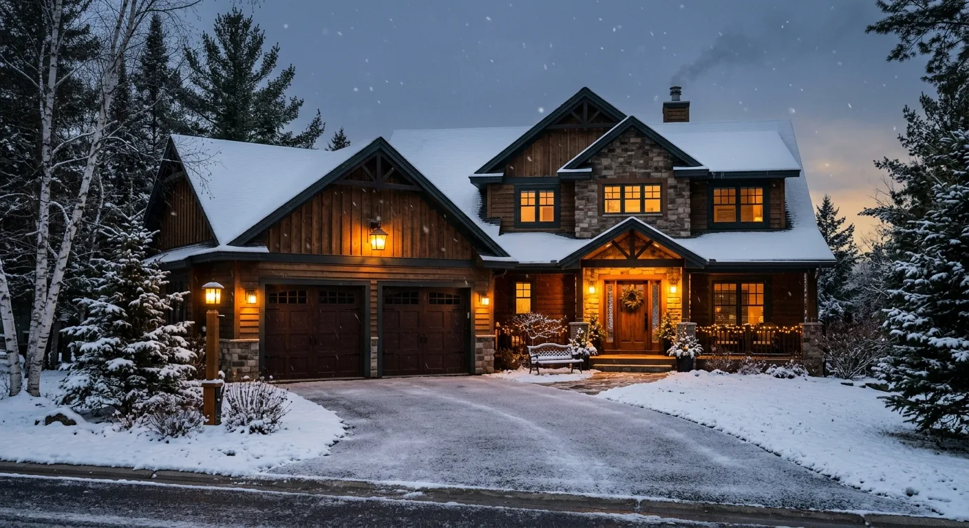 Exterior late evening view of a Pequot Lakes home with a closed garage door, porch lights glowing, light snow falling