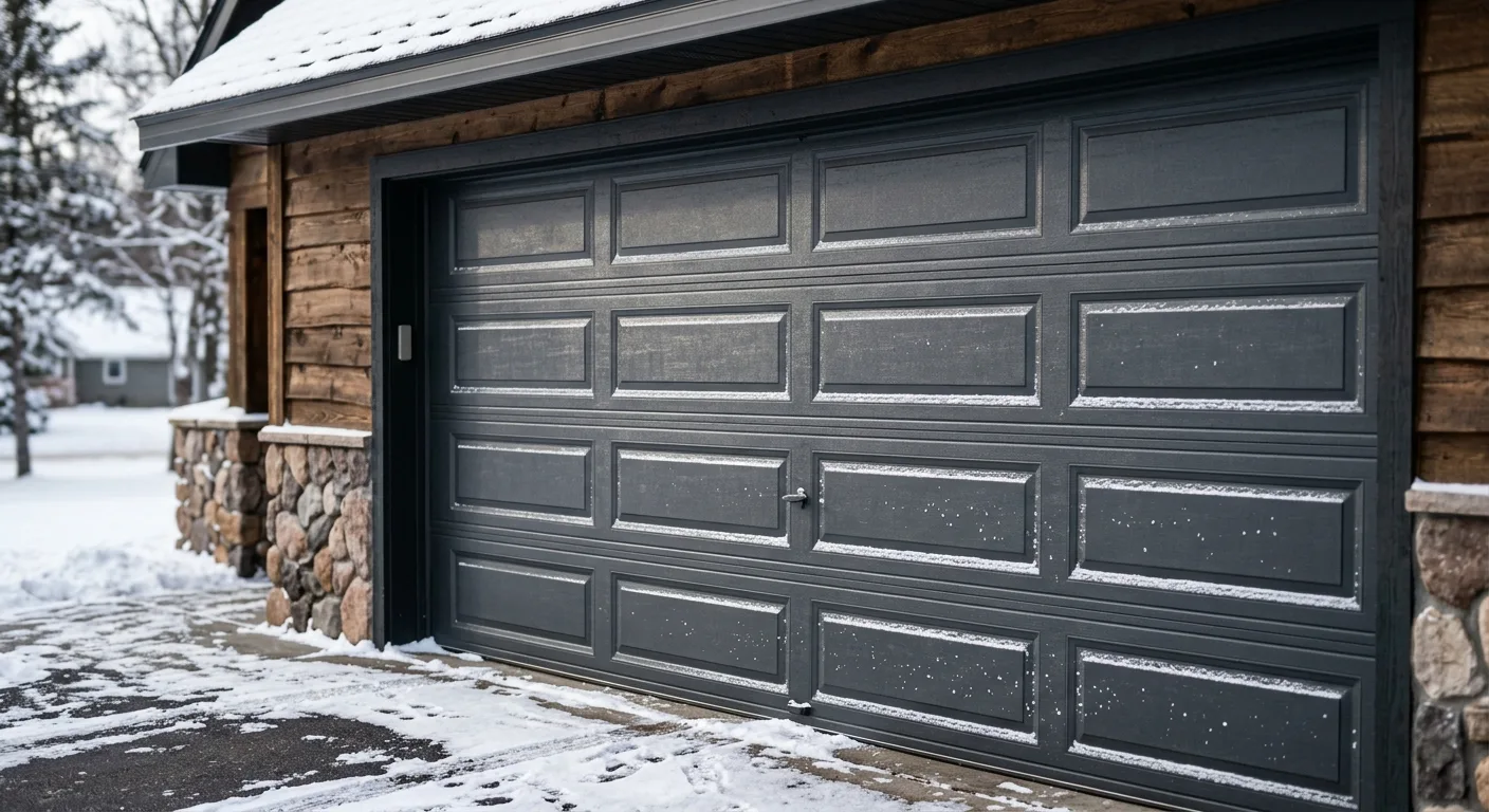 Exterior daylight detail of an insulated steel garage door panel in dark gray finish with raised rail pattern on a Pequot...