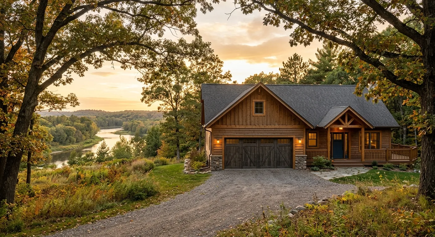 Wide exterior of a Pillager rural property at golden hour with closed garage door, the Crow Wing River corridor visible in...
