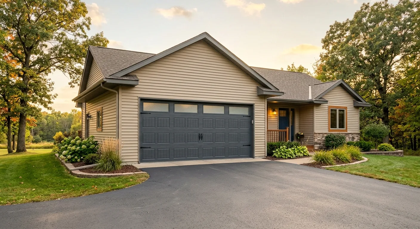 Exterior curb-appeal view of a clean Pillager MN rural home shot from the driveway angle at golden hour, freshly installed...