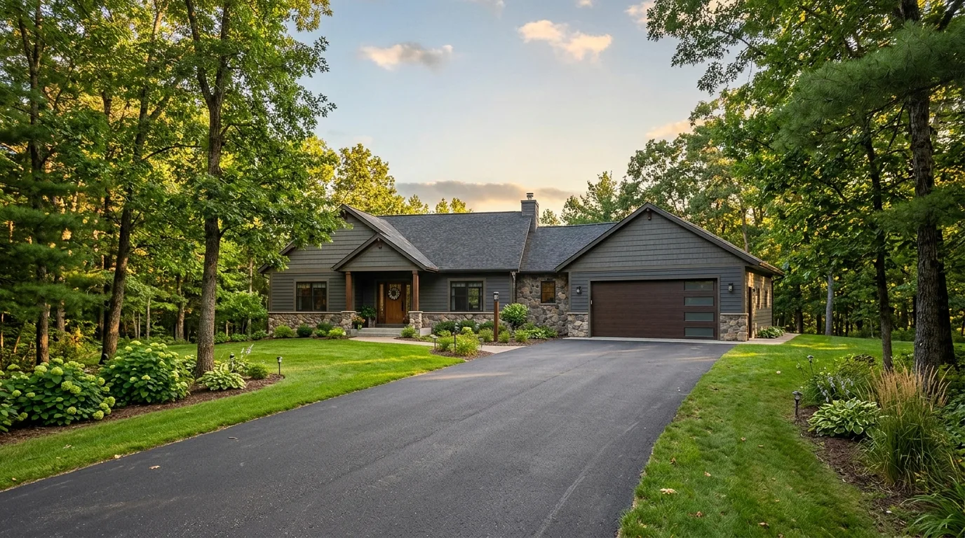 Wide exterior of a Pillager rural residential property with a newly installed insulated steel double-car garage door, long...