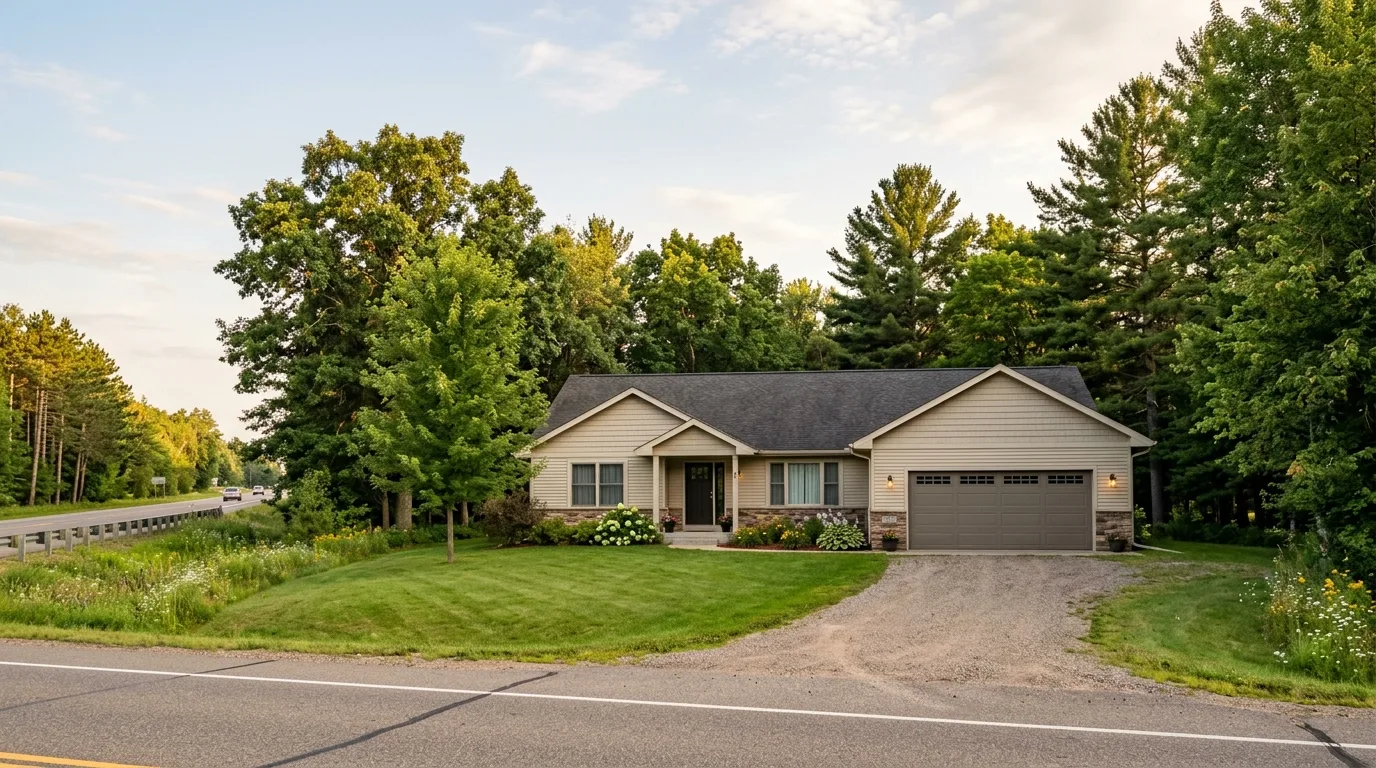 Wide exterior along the Hwy 210 corridor near Pillager MN with a residential home and closed garage door visible set back...