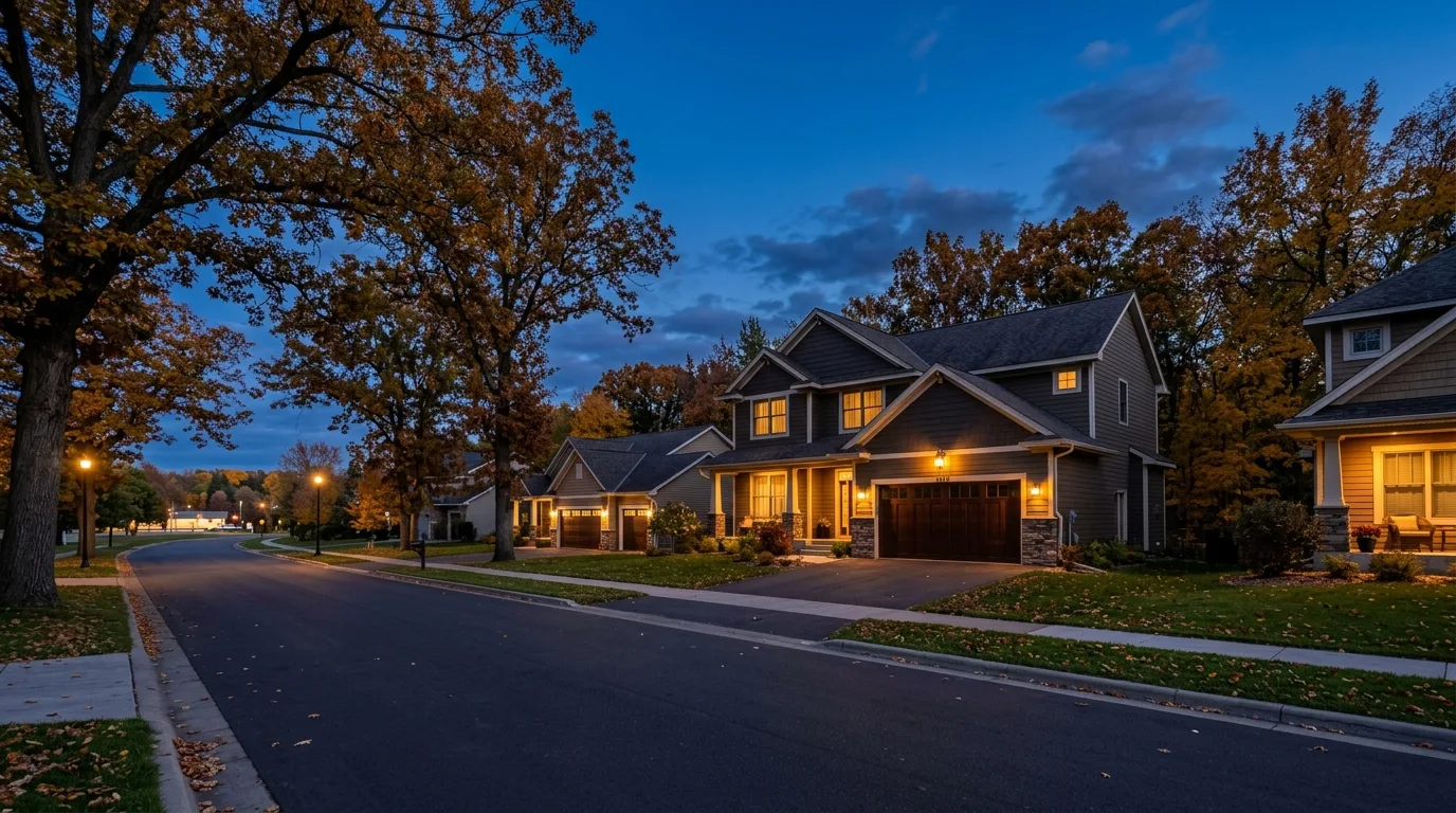 Wide exterior of a Pine River residential block at dusk along the Hwy 371 corridor with closed garage doors, warm porch li...