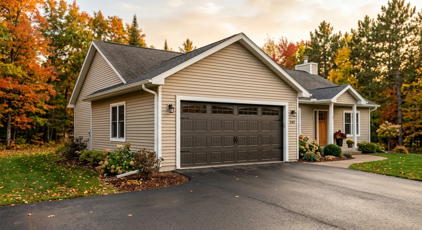 Exterior curb-appeal view of a clean Pine River MN year-round home shot from the driveway angle at golden hour, freshly in...