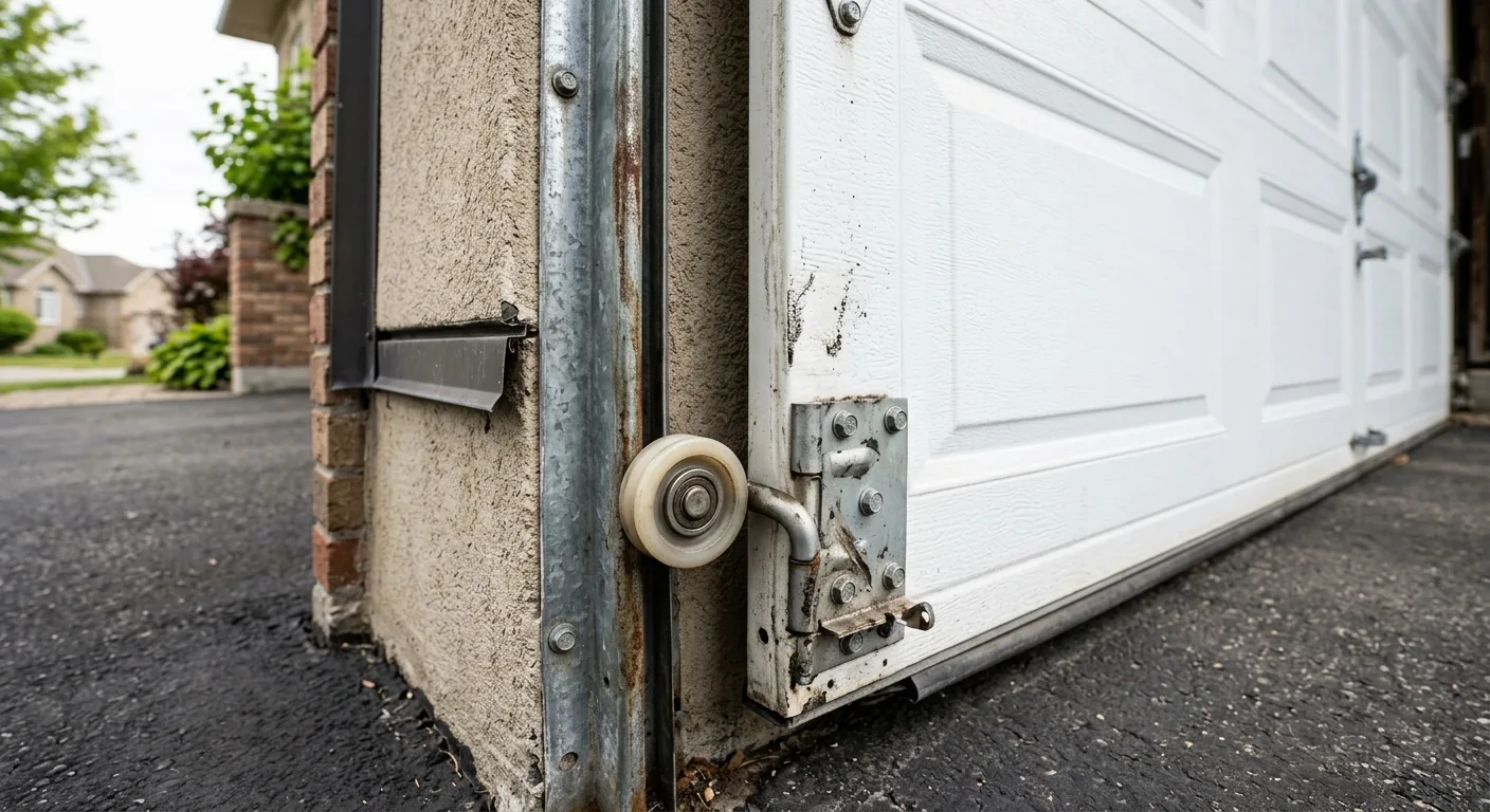 Material close-up of a residential garage door roller off its vertical steel track with the bracket visible, soft daylight...