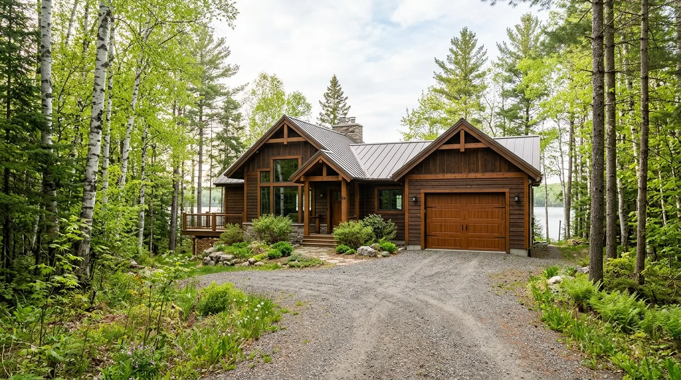 Wide exterior of a Norway Lake area cabin in late spring with closed cedar-stained garage door, gravel driveway, mixed bir...