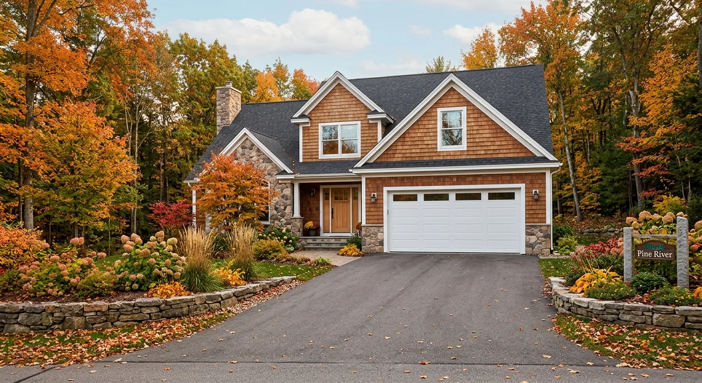 Wide exterior of a Pine River home with a newly installed white insulated steel garage door, paved driveway, autumn yard,...