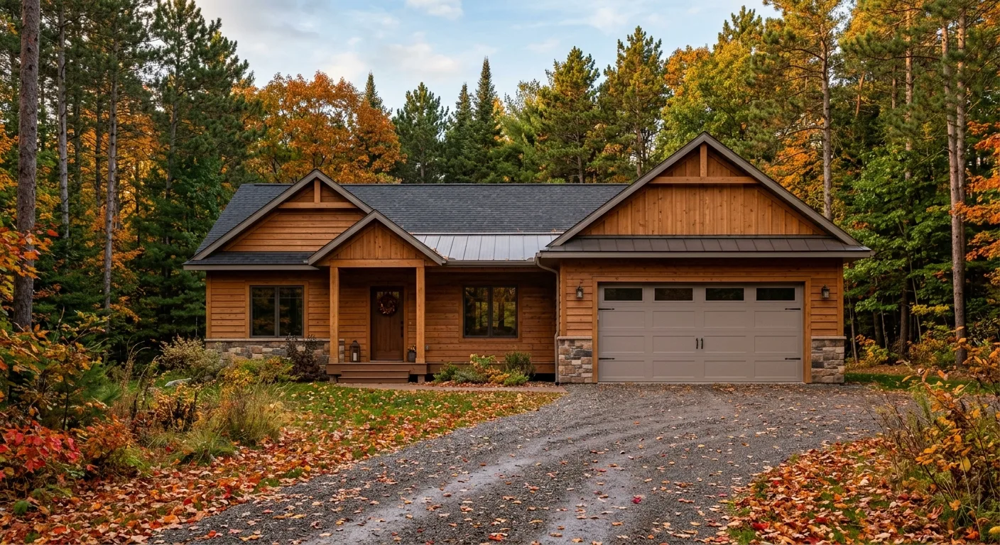 Exterior daylight photograph of a Remer rural home with a closed two-car insulated garage door in soft taupe, pine forest...