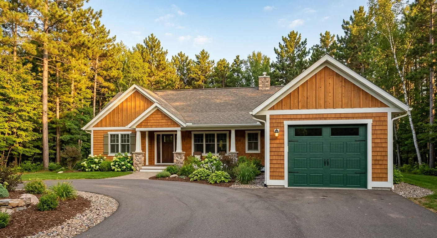 Exterior daylight photograph of a clean Remer rural home at the driveway angle with a freshly installed forest green insul...