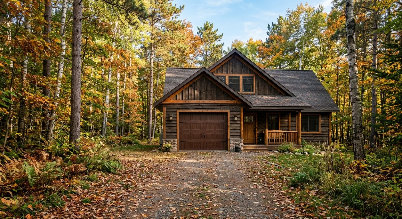 Wide exterior photograph of a Chippewa National Forest edge cabin near Remer with a closed dark brown insulated garage doo...